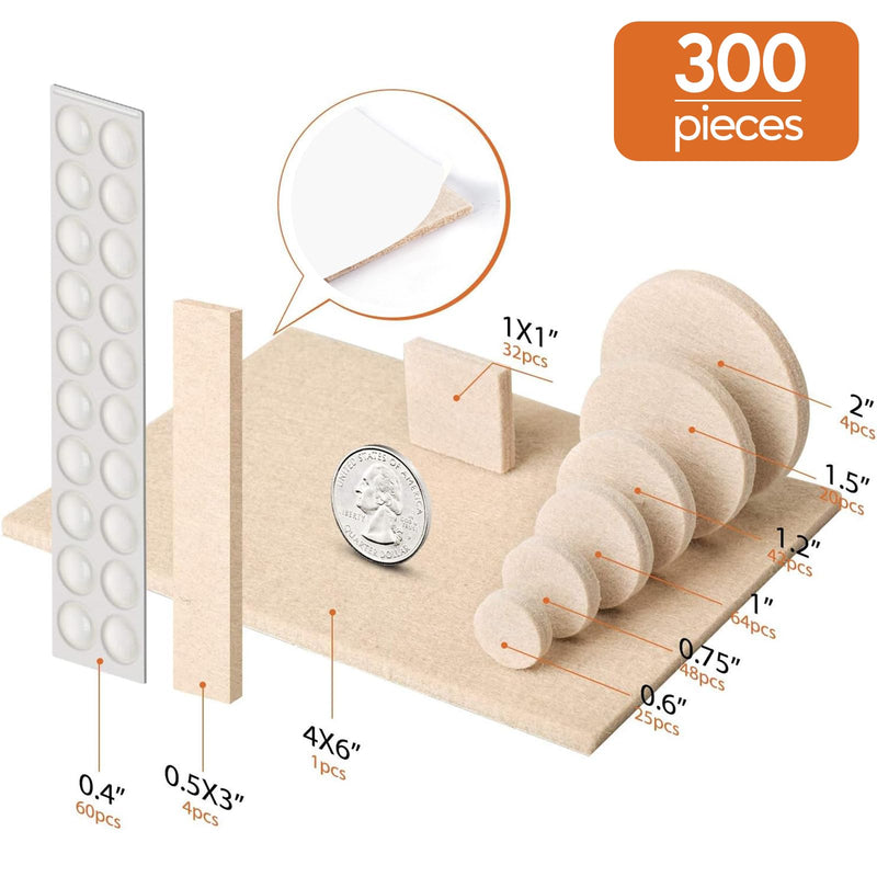 Furniture Pads 300 Pack Premium Furniture Felt Pads (Beige), Huge Quantity Self Adhesive Anti Scratch Floor Protector for Furniture Legs Hardwood with 60 Cabinet Door Bumpers Beige