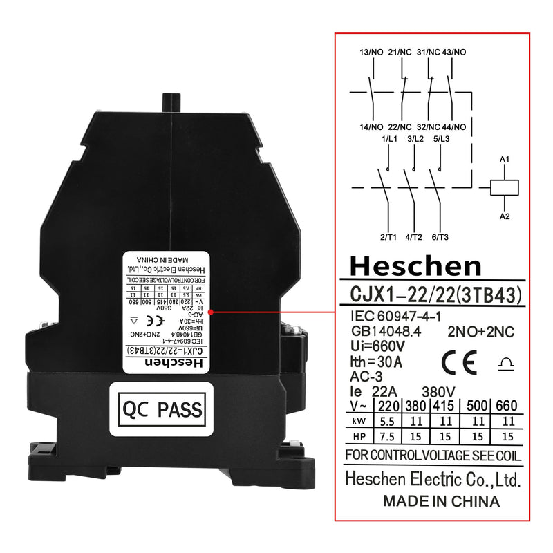 Heschen AC Contactor CJX1-22/22 24V Coil 50/60Hz 9.5KW 3 Pole 2NO+2NC 380V 22A