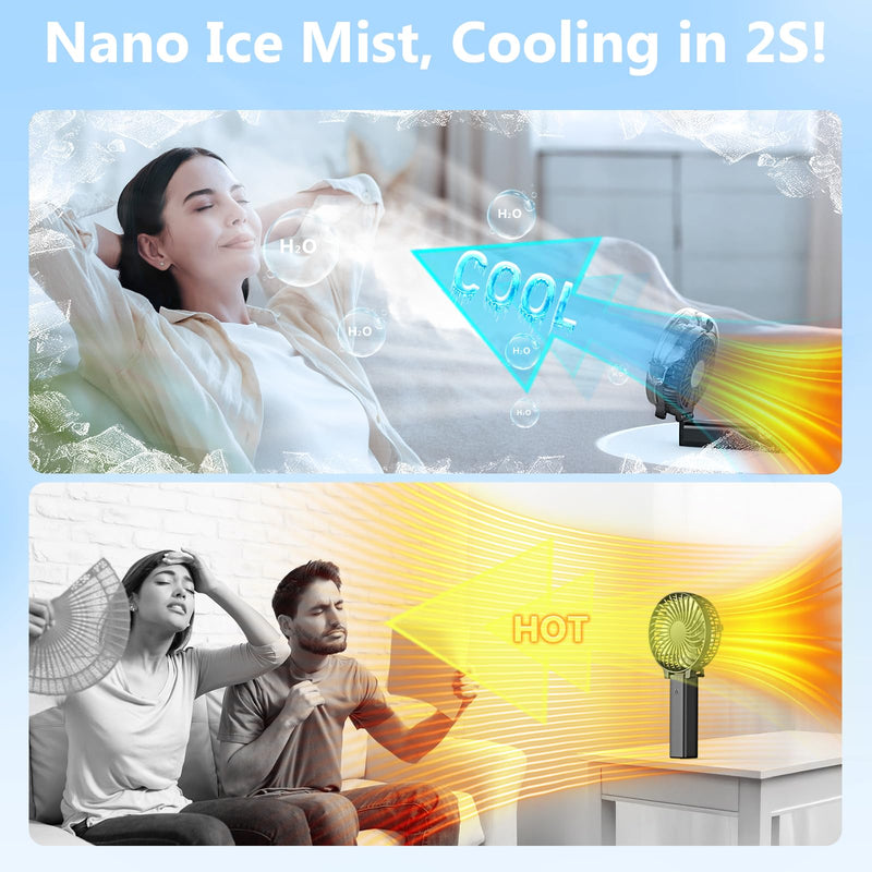 6000mAh Portable Handheld Misting Fan as Backup Power, 50ml XL Water Tank, 20H Runtime 3 Speeds, 180° Foldable Rechargeable Mist Fan for Travel, Outdoors, Makeup - Black