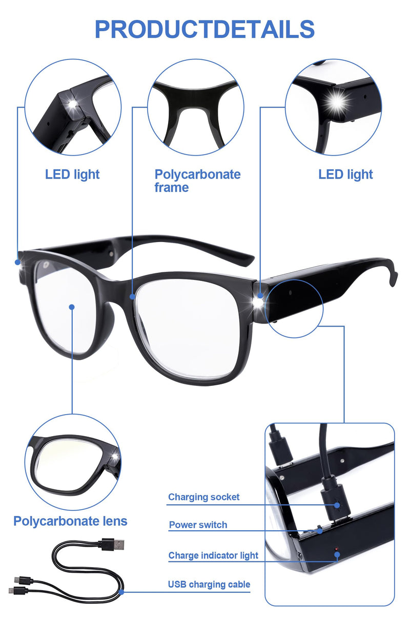 OKH Lighted Rechargeable Reading Glasses - Clear Vision Hands Free LED Eyewear with Blue Light Readers Black 1.5 x
