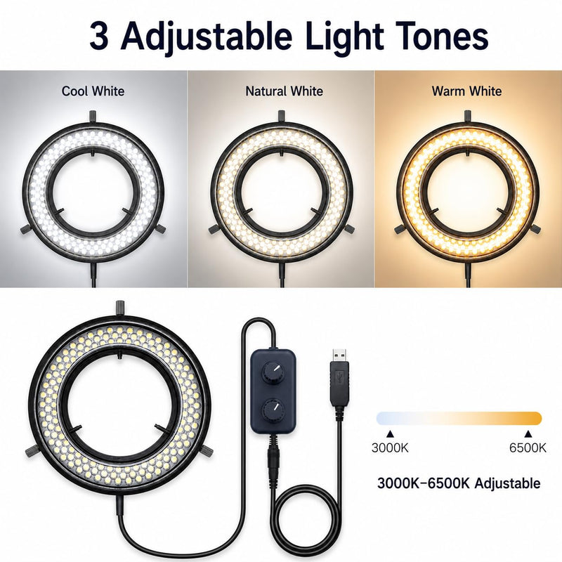 Microscope LED Ring Light Illuminator, USB 5V 144 LED Color Temperature Adjustable, 4 Zone RGB, Focus Lamp Source for Monocular Binocular Trinocular Stereo Microscope Vision Scientific (144 CW WW) 144 LED CW WW