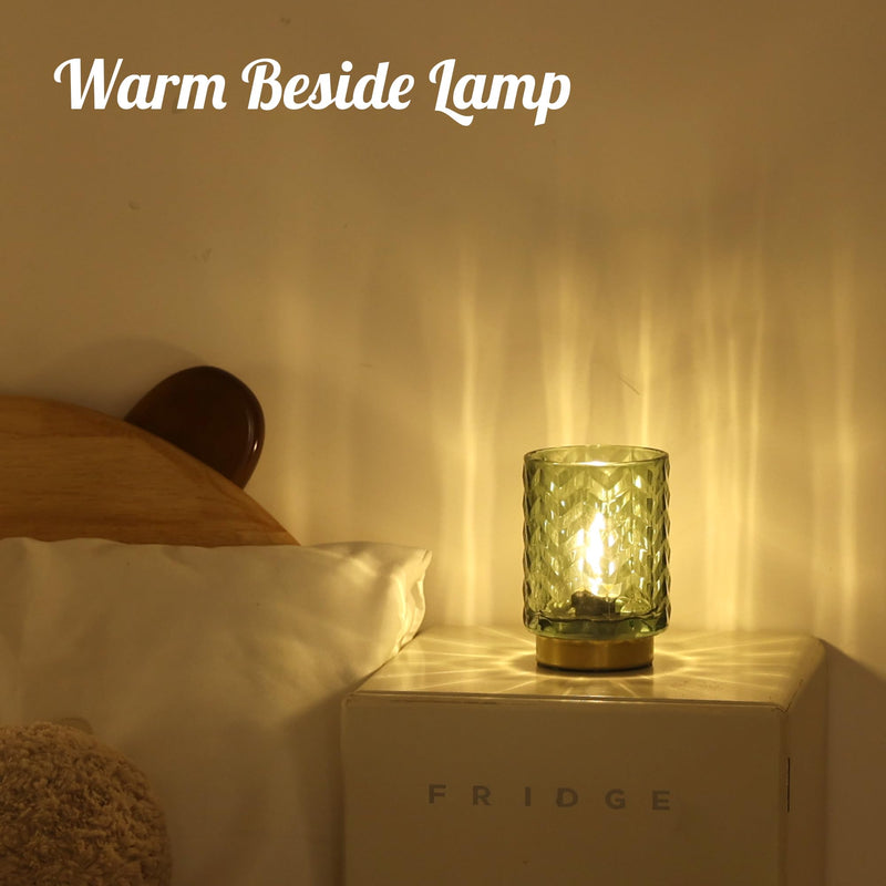 Battery Operated Lamp with Timer, Small Table Lamp with LED Bulb, Glass Cordless Lamps Beside Table Light for Living Room, Bedroom, Entryway Wave Design-Grey Wave-Green