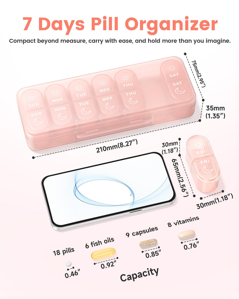 Weekly Pill Organizer 2 Times a Day, Daily AM PM Pill Box Case 7 Day with Large Openings for Easy to Use, Travel Medicine Container for Medication, Vitamins, Supplements - Pink