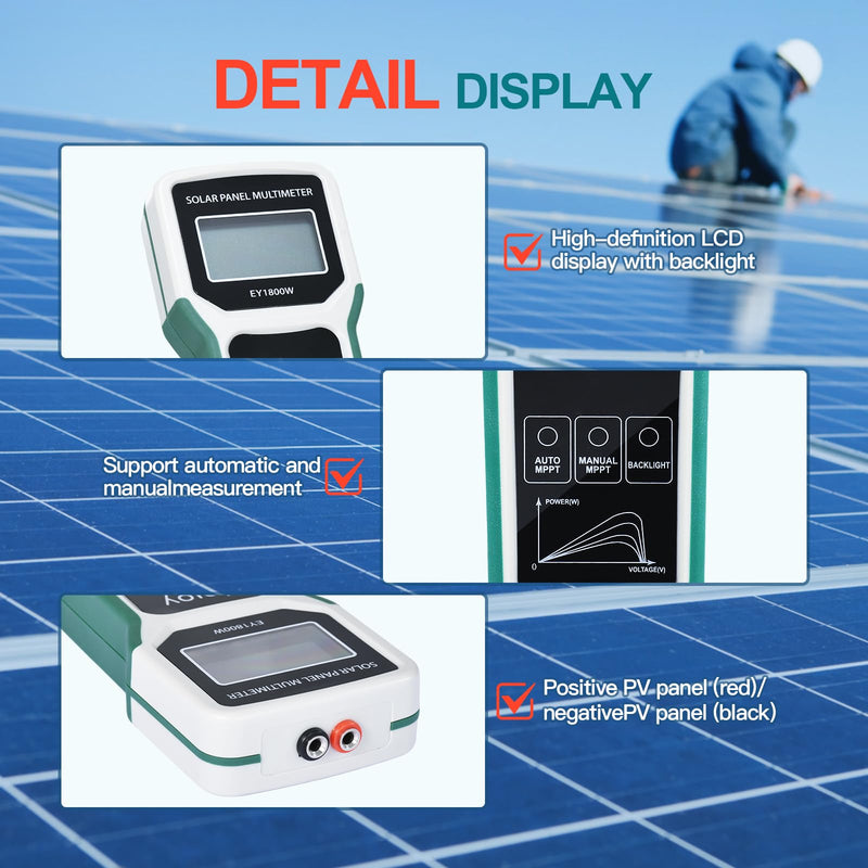 1800W Solar Panel Multimeter Tester, MPPT Photovoltaic Power Meter with LCD Backlight, Auto/Manual Detection, Measures Open Circuit Voltage, Max Power Point Pmax, Vmp, Imp
