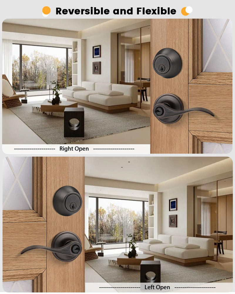 Gobrico Front/Exterior Door Lever Lockset with Single Cylinder Deadbolt, 1 Pack Keyed Alike Oil Rubbed Bronze Combination Handle Set, Entry Door Lockset with Deadbolt