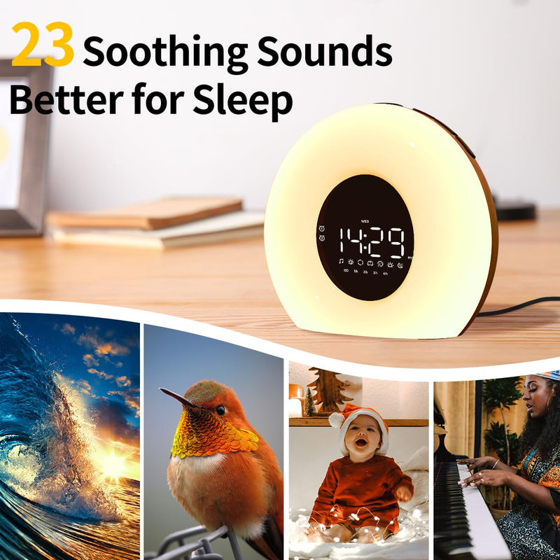 Wake Up Light Sunrise Alarm Clock for Bedroom Sunrise Sunset Simulation 23 Natural Sounds 13 Colors Night Light Dual Alarms and Snooze Sleep Aid for Heavy Sleepers Kids Adults (Wood Grain) Wood Grain