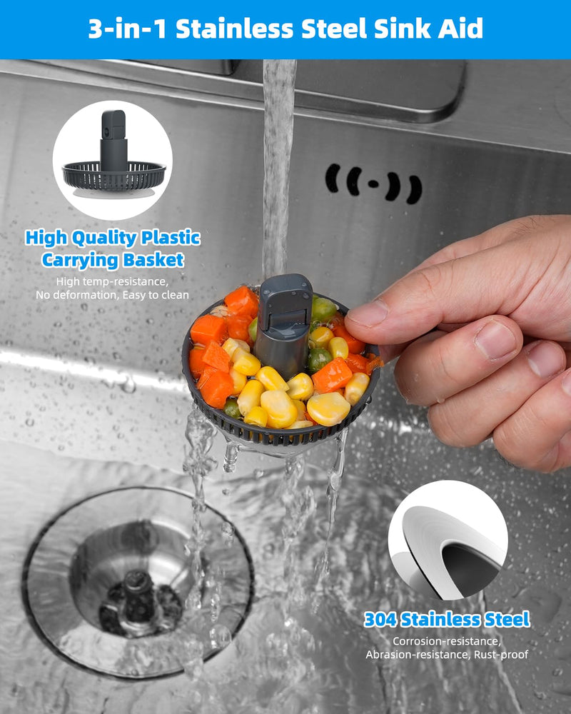 Hibbent Upgraded 3 in 1 Kitchen Sink Drain Strainer and Stopper Combo, Stainless Steel Metal Pop Up Sink Stopper, Anti-Clogging Basket with Foldable Handle for US Standard 3-1/2 Inch Drain Stainless Steel with 1 Strainer
