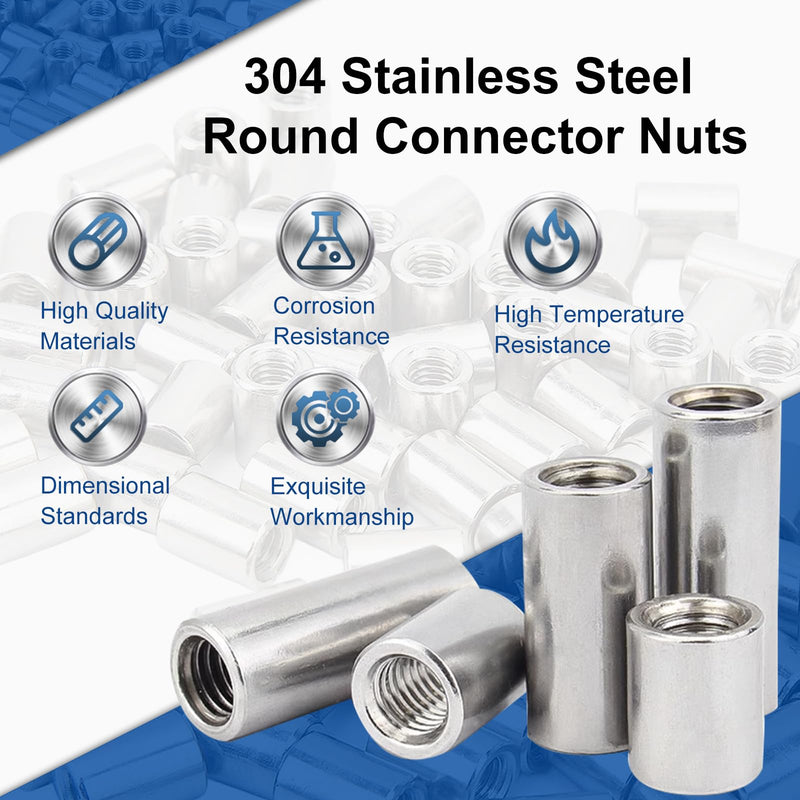MroMax 10Pcs M6 Round Connector Nuts, 304 Stainless Steel Rod Coupling Nuts 10mm/0.39" Length Female Thread for Camera Pan, Lamp Bracket, Glass Folding Dining Table Silver M6 x 10mm x Φ10 10