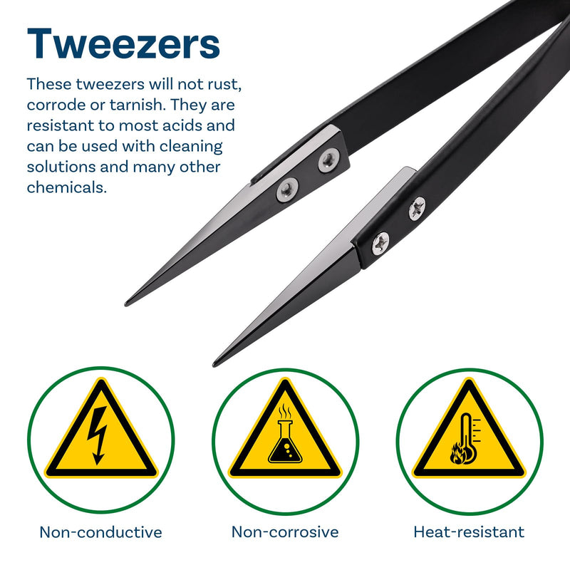MMOBIEL 3Pcs Set Ceramic Tip Soldering Tweezers Heat Resistant 1600 C/3000 F for Electronics Repair, Jewelry, Computer, Laboratory Soldering Work etc. - Black 3x Black Tip