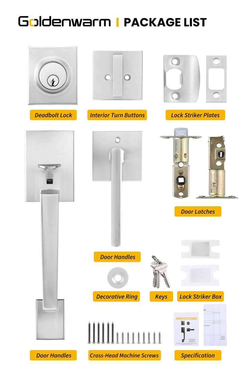 Goldenwarm Front Door Handle and Deadbolt Set, Brushed Nickel Front Door Lock Set with Reversible Handle Lever, Single Cylinder Front Door Handles and Locks Square with Deadbolt
