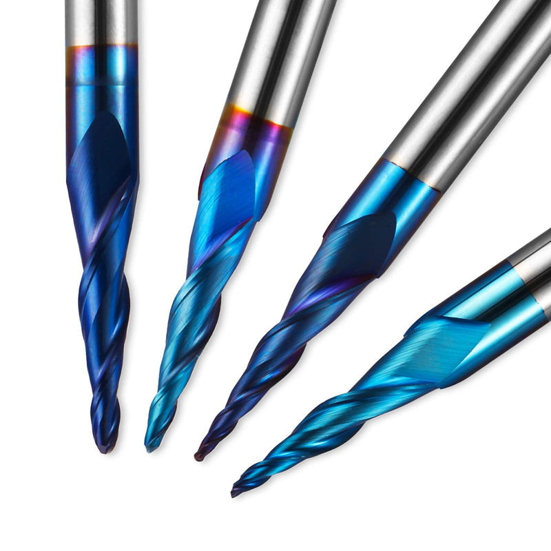 4pcs 2-Flute Tapered Ball Nose Spiral End Mill, Nano Blue Coating Tungsten Carbide CNC Router Bits, 2D and 3D Engraving Carving Woodworking Bits, R0.25-1.0, 1/4'' Shank, TB04B