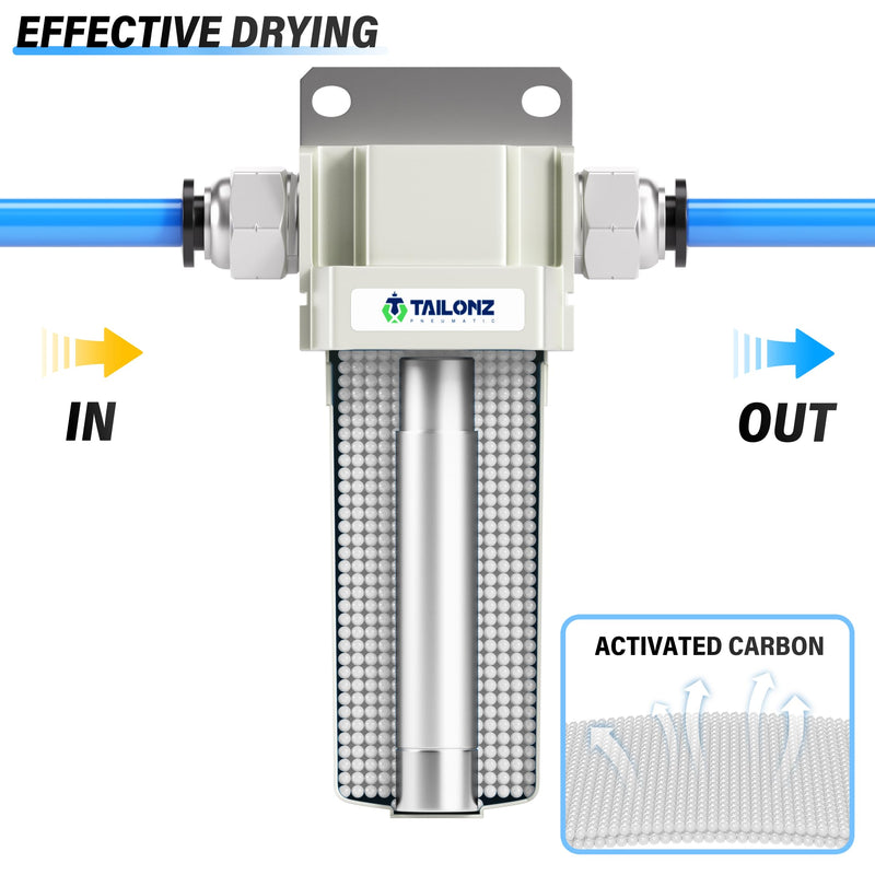 TAILONZ PNEUMATIC 3/4" NPT Industrial Compressed Air Desiccant Dryer, Used for Dry Air, Compressed Air, Water Separator, Plasma Cutting Machine and Other Metal Bowl with Activated Carbon Bag 3/4" NPT/Carbon Filter