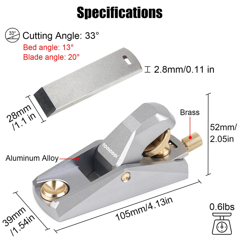 TOOLCOOL Low Angle Block Plane Wood Plane Mini Hand plane For Woodworking Aluminum Alloy Body Adjustable Blade Depth (Silver) Silver