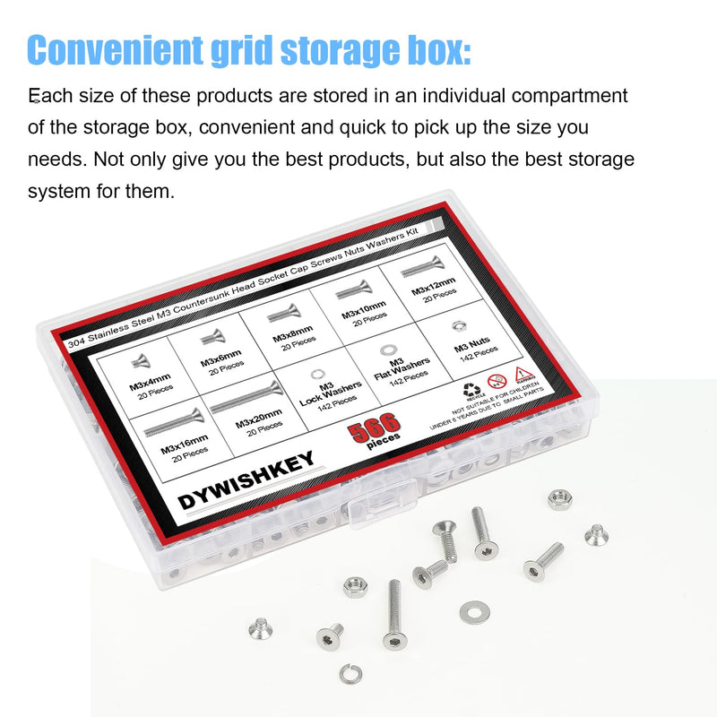 DYWISHKEY 566 Pieces M3x 4/6 /8/10 /12/16 /20mm Countersunk Head Socket Cap Screws Nuts Washers Assortment Kit, M3 Flat Head Screws Kit, 304 Stainless Steel