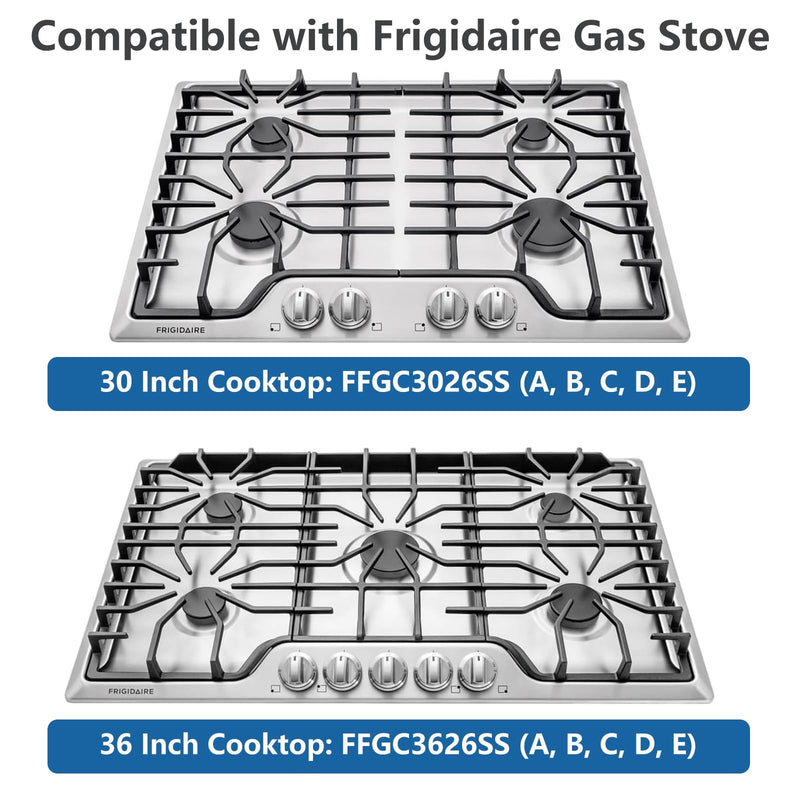 Upgraded A03546301/02/03 5304525746 5304504839 Gas Cooktop Knobs for Frigidaire Stove, Laser Engraving Sign Knob for Frigidaire Cooktop FFGC3026SS FFGC3626SS (Long Stem, Size:2.24IN, Material:ABS749) 5 Pack