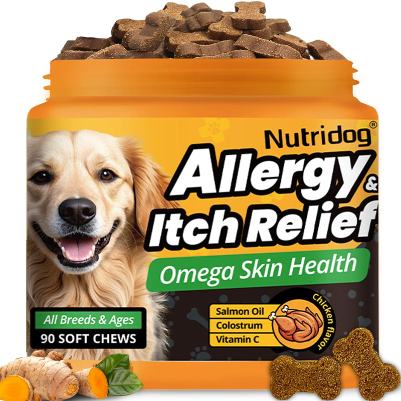 Allergy Chews for Dogs - Dog Itching Skin Relief & Seasonal Allergy Support with Chamomile - Salmon Oil, Quercetin - Probiotic Anti-Itch Supplement for Dogs - Chicken Flavor - 90 Count