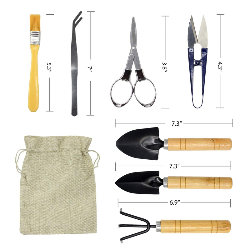 Bonsai Set 8 PCS-Mini Gardening Tools Kit for Indoor Outdoor Bonzai Include Pruner, Fold Scissors, Mini Rake, Tweezers, Cleaning Brush
