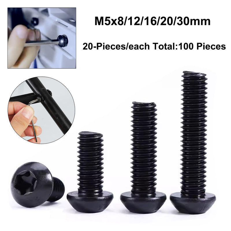 100Pcs Button Head Torx Drive Screws Bolts, Grade 10.9 Alloy Steel, M5 x 8/12/16/20/30 mm Star Drive Machine Screws Set with T25 Wrench, Black Oxide Finish, Fully Threaded Pitch : 0.8 mm Black-M5 Button Head Trox Screws