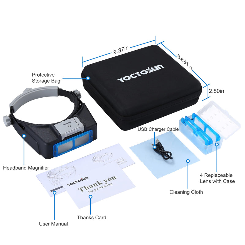 YOCTOSUN Headband Magnifying Glass with 4 LED Lights, 4 Lenses and Storage Case，Magnifying Glasses for Close Work, Hands Free Head Magnifying Visor for Jewelers, Crafts, Hobby