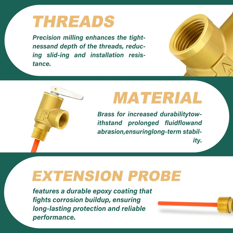 DN20 Brass RV Water Heater Temperature and Pressure Relief Valve,3/4" NPT Thread, 150PSI 210°F, with Extended Epoxy-Coated Probe, for Hot Water Heaters/Tanks 3/4" NPT（Epoxy-Coated Probe）