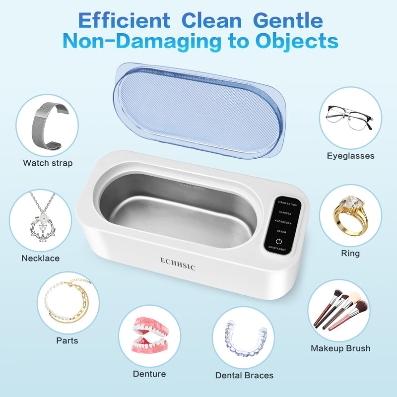 Ultrasonic Jewelry Cleaner 47kHz ultrasonic Cleaning Machine Suitable for Jewelry Rings, Glasses, dentures, Watch Straps Gentle and not Easily Damaged Items 304 Stainless Steel Tank Preferred Gift