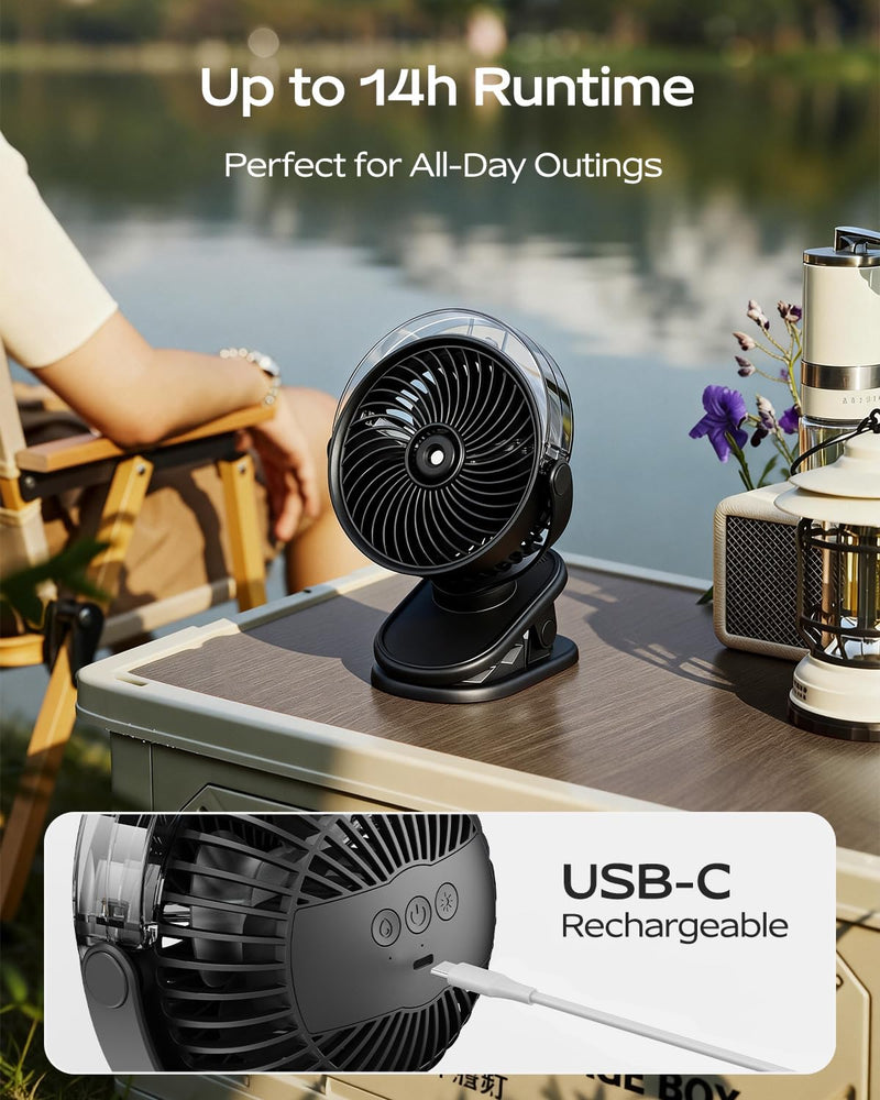 SWEETFULL Portable Misting Clip On Fan, USB-C Rechargeable Mini Personal Cooling Fan with 4 Speeds, 360° Rotatable, Quiet Cooling for Outdoor, Camping, Golf Cart, Travel, Stroller & Desk (Black) Black