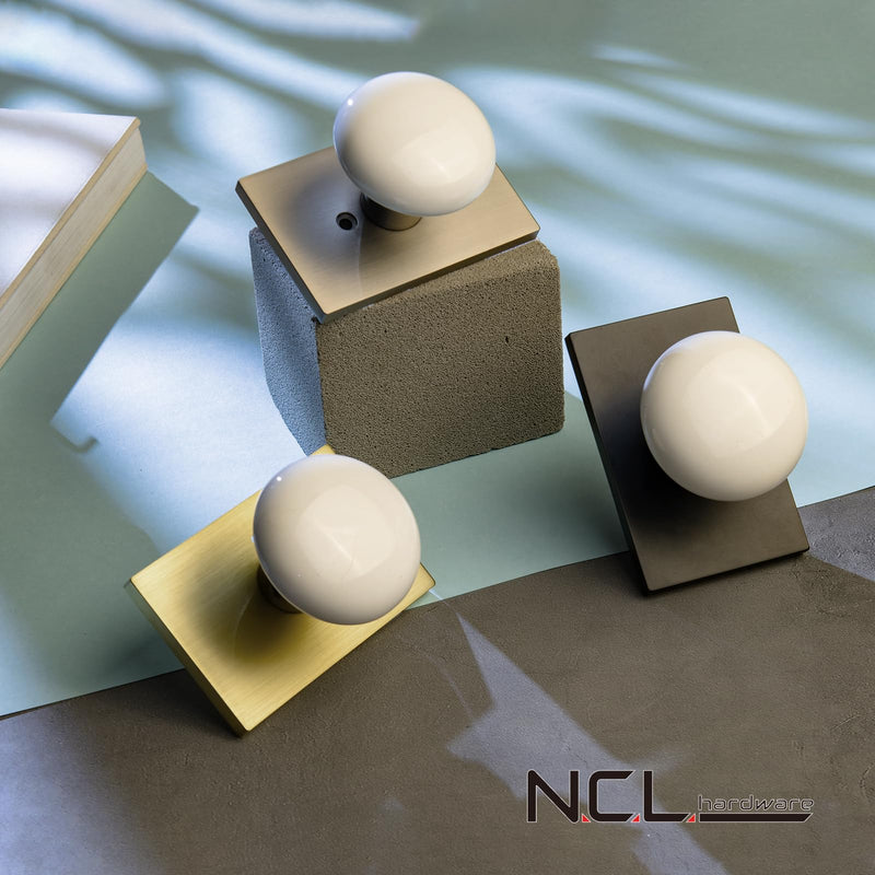 NCL White Door Knob, Matt Black Porcelain Door Knobs Interior, Rectangle Door Levers for Bedroom and Bathroom, Privacy Door Handles with Lock Matte Black Rectangle Rose with White Knob