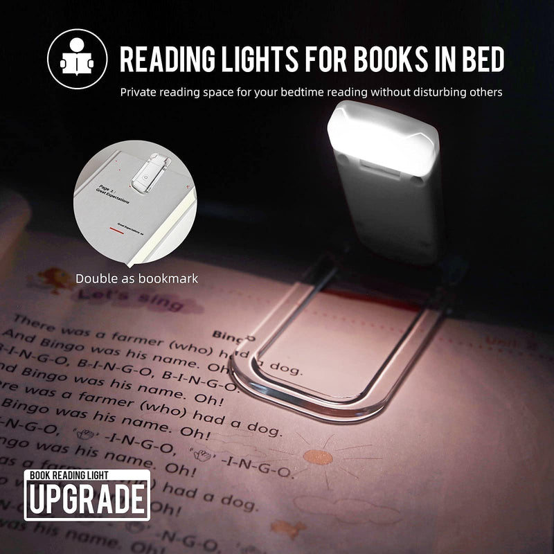 EGWASER Book Reading Light, Portable USB Rechargeable LED Clip on Book Lights for Reading in Bed, 3 Brightness Adjustable Dimmable Bookmark Light for Eye-Protection, Reading Lamp (White) White