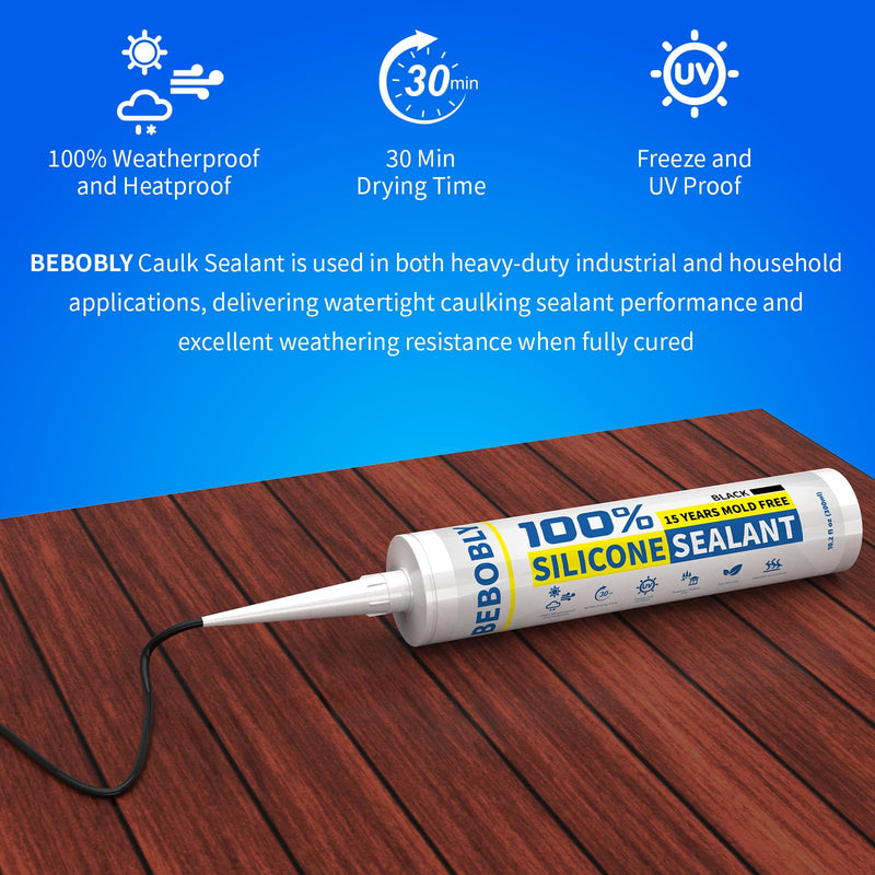 Black Silicone Caulk & Sealant, 100% Waterproof Silicone Caulking, Silicone Sealant Caulking for Kitchen, Bathroom, RV, Interior & Exterior Use, Shrink & Crack Proof, 10.2 FL. OZ/300ML, 1 Pack