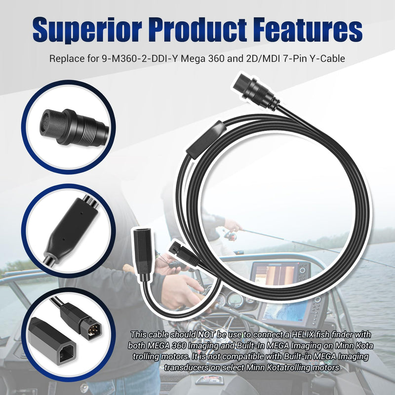 720107-1 Transducer Adapter Cable 10ft. Replace for 9-M360-2-DDI-Y Mega 360 & 2D/MDI 7-Pin Y-Cable, fit for Helix 15/12/10/9/8 Fish Finders, Compatible with MEGA 360