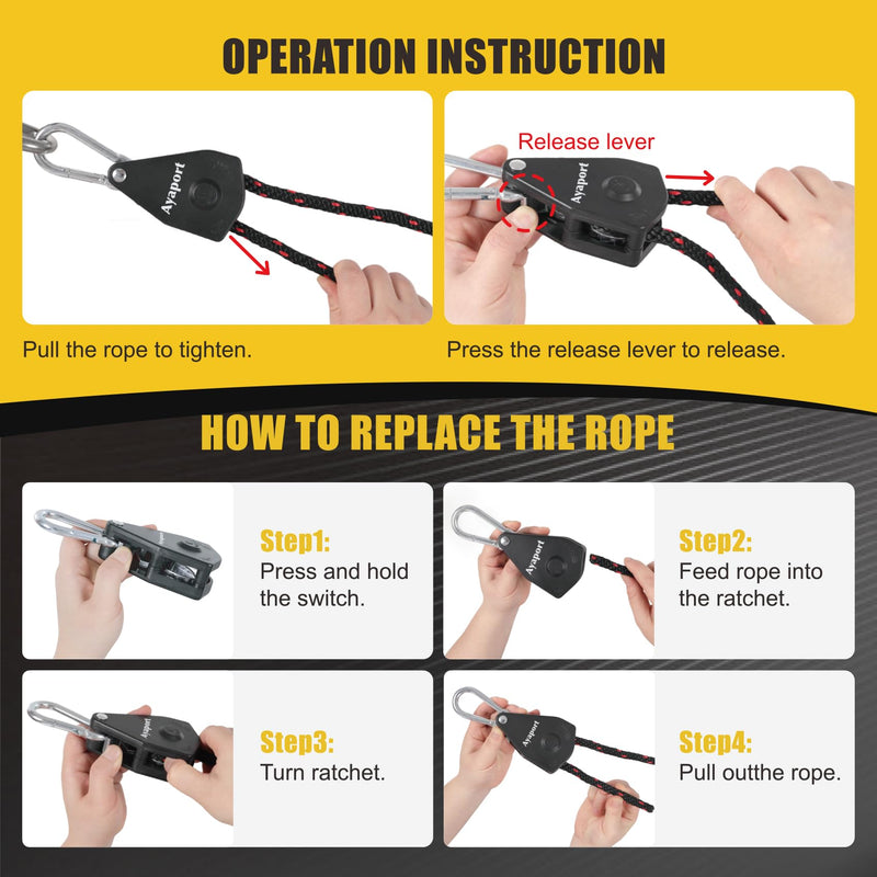 Ayaport Adjustable Rope Hanger Grow Light Hanger, 14Ft 3/8" Heavy Duty Plant Pulley Rope Tightener Ratchet Tie Down for Kayak, Tent Tie Downs, 2 Pack Black 2pcs-3/8"x14'