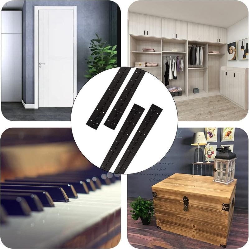 16-Inch Black Continuous & Piano Hinges - 2 Pack Heavy Duty Stainless Steel Butt Hinges with Hole - 0.05" Thickness, 2" Open Width - Ideal for Folding Cabinet Doors - Includes 32pcs Screws