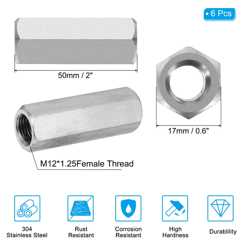 PATIKIL M12 x 1.25-Pitch 304 Stainless Steel Hex Coupling Nuts, 6Pcs 50mm/ 2" Length Fully Threaded Rod Coupling Nut Studding Connector Fasteners, Silver Tone M12-1.25 x 50mm