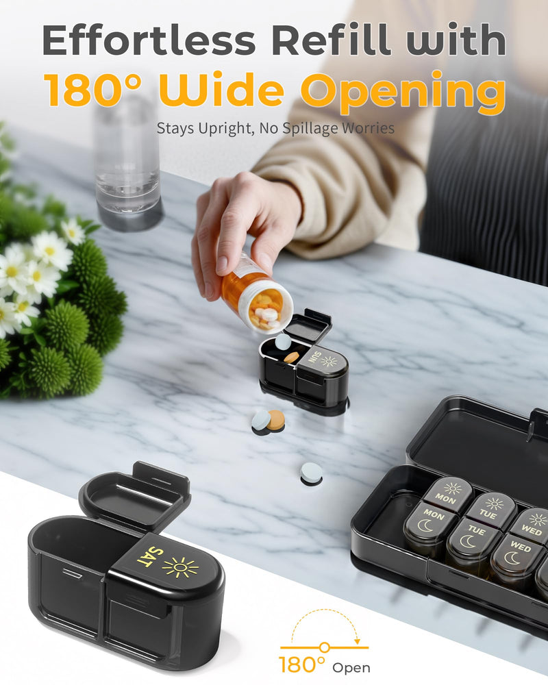 Weekly Pill Organizer 2 Times a Day, AM PM Pill Organizer 7 Day, Large Pill Box 7 Day, Travel Pill Case Daily, Black Privacy Protection Medicine Container for Medication, Vitamins, Supplements