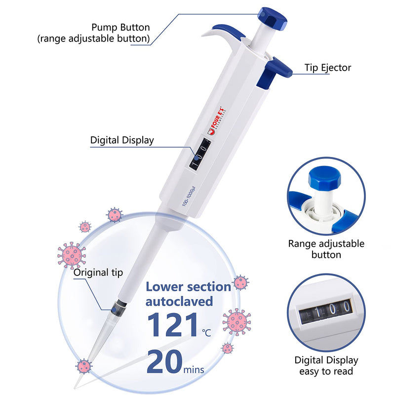 FOUR E'S SCIENTIFIC 100uL-1000uL Pipettes with 1mL Pipette Tips 96pcs