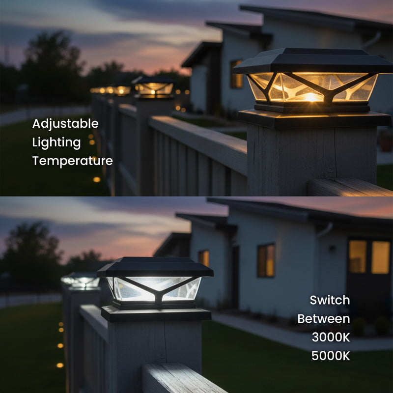 Home Zone Security 4-Pack Crown Style Solar Powered Post Cap Light with LiFePO4 Battery, Dusk to Dawn, 3000K 5000K LED Adjustable Temperature, Fits up to 5.5"x5.5" Post, Black