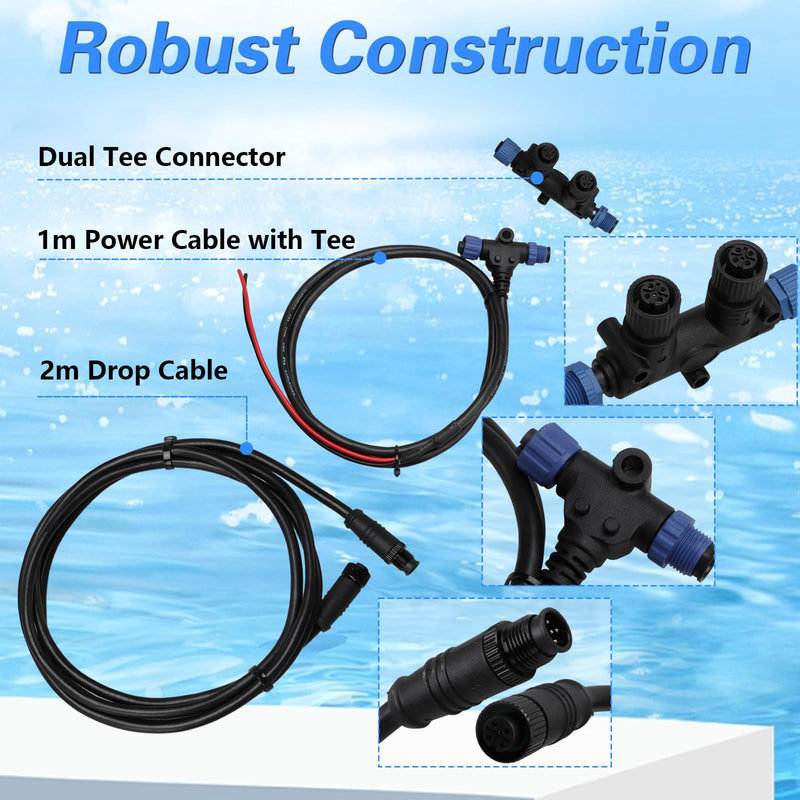 EVRBUL NMEA 2000 Starter Kit, Marine Grade NMEA 2000 Backbone Cables Drop Cables Dual Tee Connector Compatible with Lowrance Simrad Garmin Device