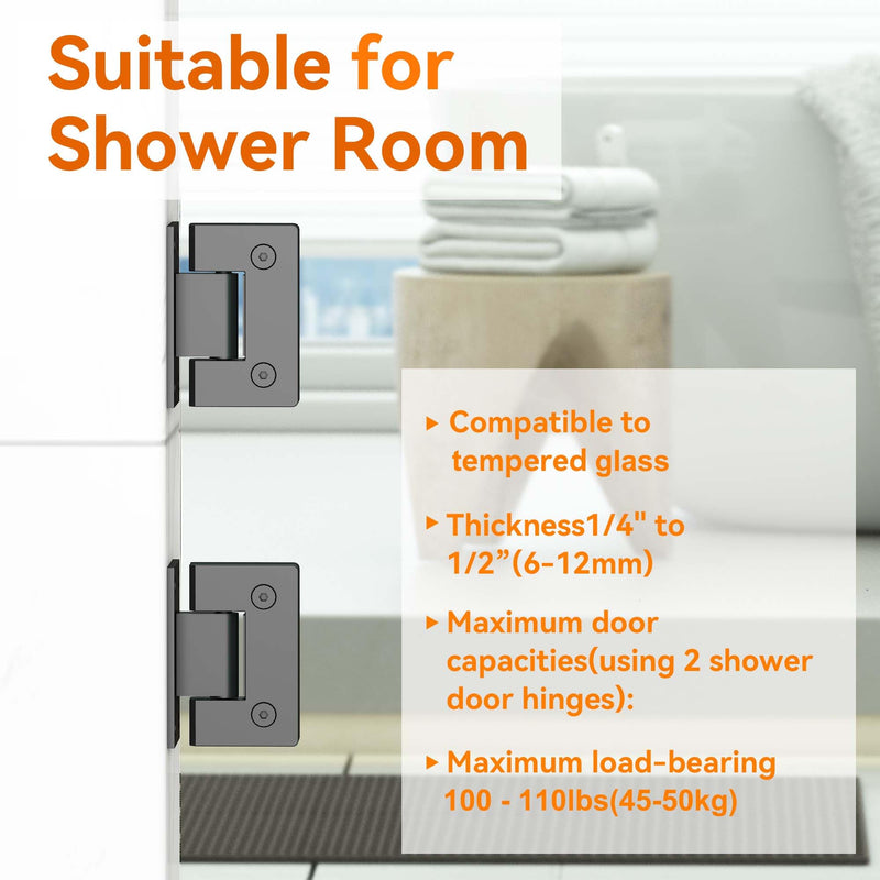 Matte Black 90 Degree Glass Shower Door Hinges, Heavy Duty Stainless Steel, 1/4" to 1/2" Thick Glass, 50-55 lbs Capacity, 90 Opening, Easy Installation 1Piece Matte Black