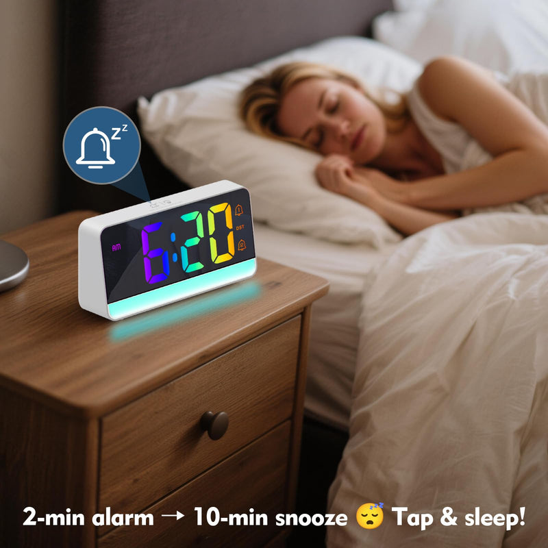 ALANAS Large RGB Digital Alarm Clock with Dynamic Color Changing Mood Lights, Dual Alarms, Snooze, Adjustable Volume & Brightness, DST, USB Ports, Bedrooms Clocks for Heavy Sleepers, Adults, Teens Rgb-white