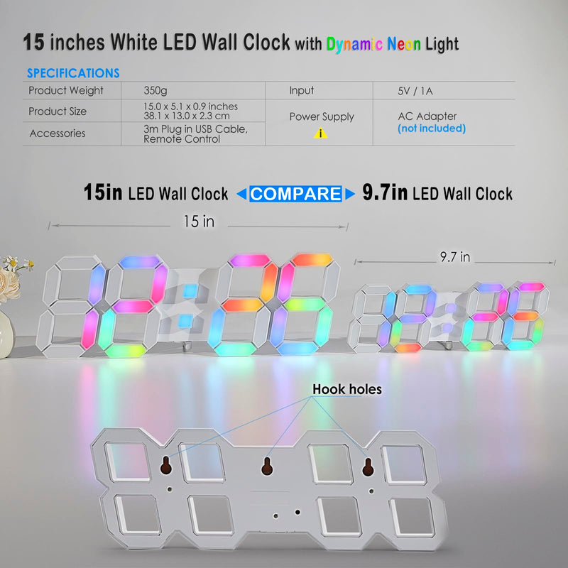 KOSUMOSU LED Wall Clock 15" RGB Digital LED Clock for Living Room Decor, Large Display Gaming Room Clocks, Dimming/12/24 Hr Time/Date/Temp/Remote (White Clock with Neon Light) 15in Wall Clock-neon Light