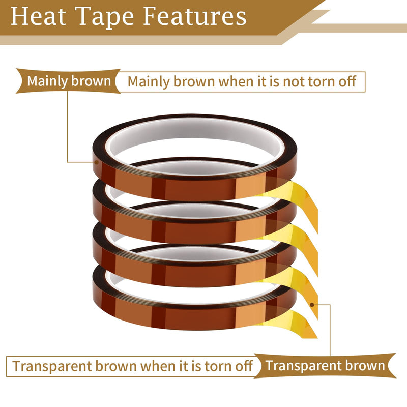 Heat Tape, 4 Rolls High Temperature Heat Resistant Tape, Adhesive Heat Tape for Sublimation, Heat Press, Electronics, Soldering, Circuit Board, 10mm x33m(108ft)