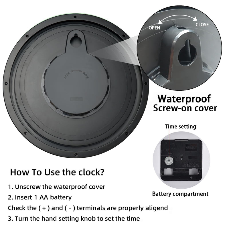 Caysie 12 Inch Sealed Indoor Outdoor Waterproof Wall Clock, Durable Silent Non-Ticking Battery Operated Quality Quartz Round Clock, Wall Decorative for Patio, Pool, Bathroom (Black) 12" Black