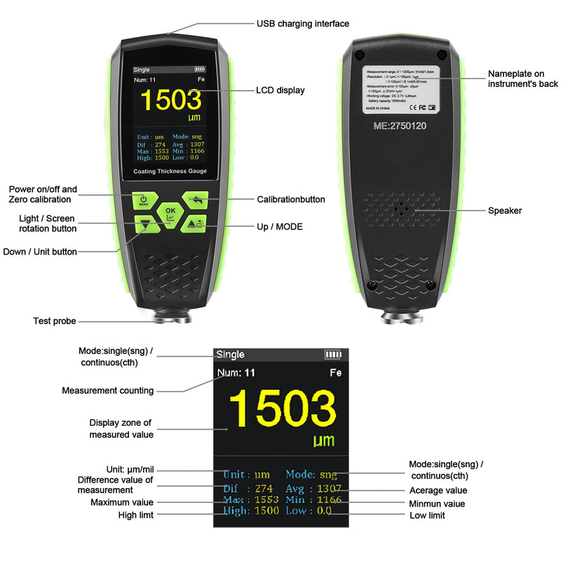 Professional Paint Thickness Gauge, Digital Coating Thickness Gauge for Magnetic/Non-Magnetic Materials, Paint Depth Gauge with Voice Broadcast/Color HD Display, Car Coating Thickness Meter