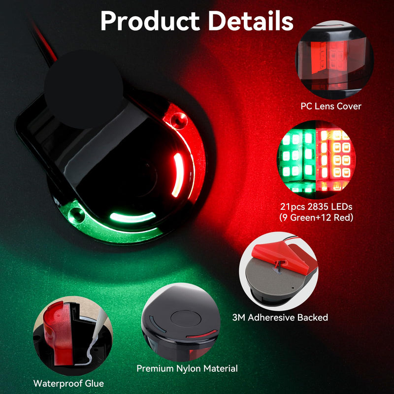 Boat Navigation Light,12V Boat Bow Light, IP67 Waterproof Red and Green Marine LED Bow Lights, Marine Nav Lights for Bow and Stern, for Pontoon, Fishing Boats, Yacht, Skiff