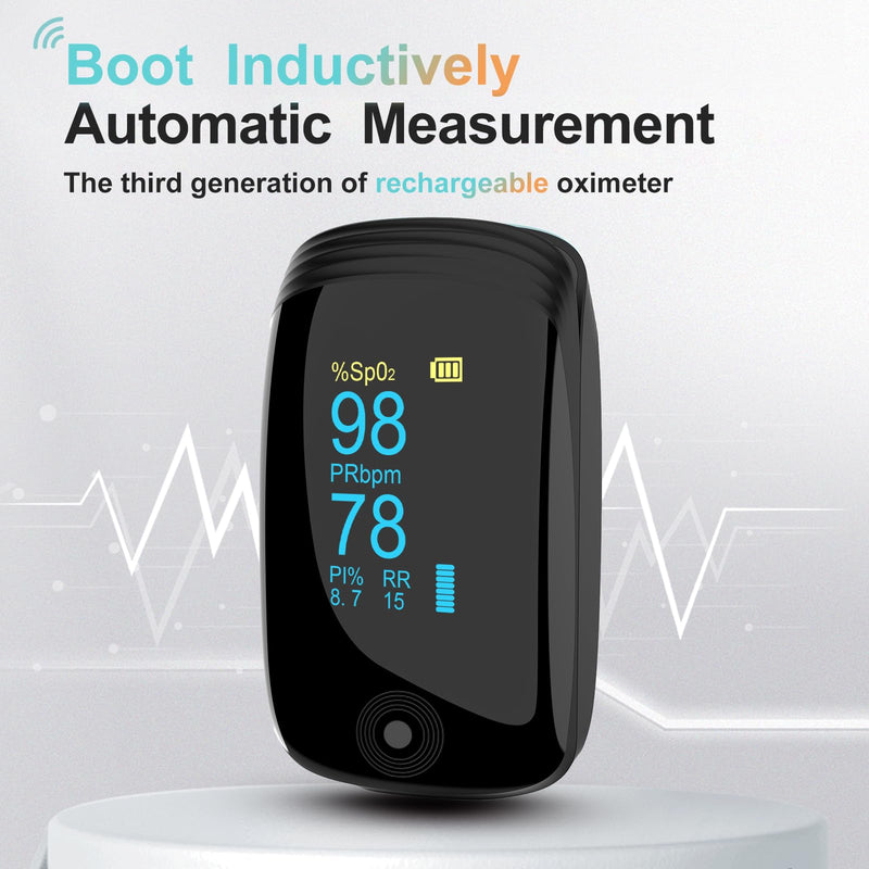 Fingertip Pulse Oximeter with Respiration Rate & Respiratory Monitoring SpO2, Heart Rate, PI & RR Measurements, Blood oximeter Rechargeable 6 Display Modes & 4-Way Rotatable Screen for Home & Sports Use（Black）