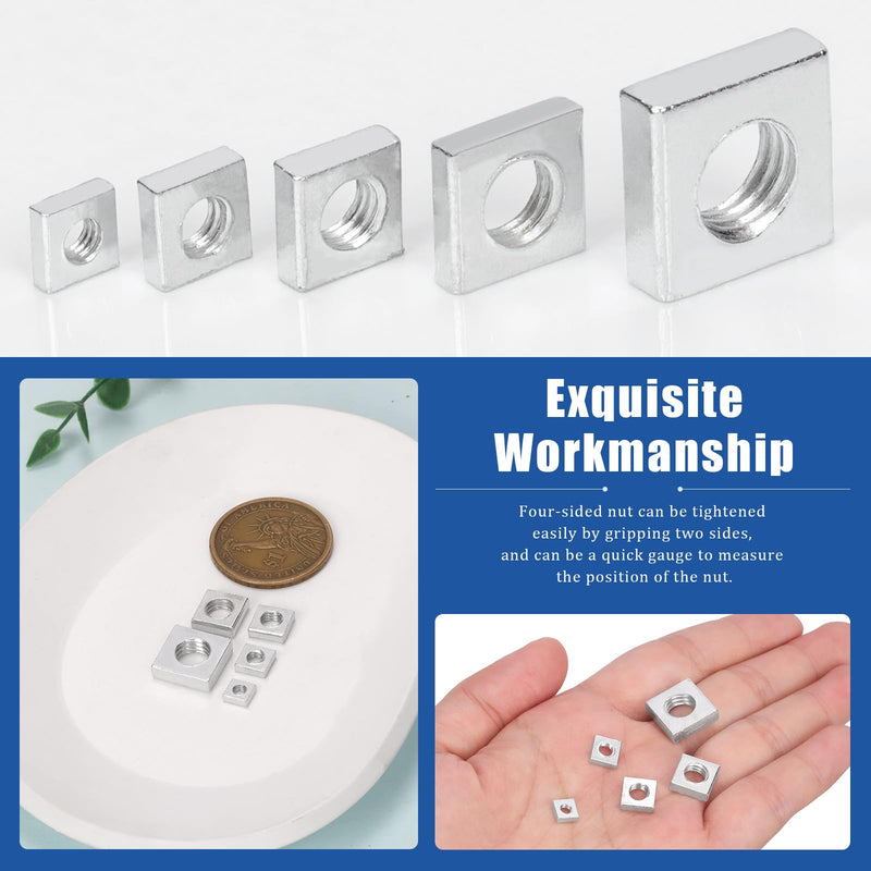 Glarks 90pcs Carbon Steel Square Nut Set M3 M4 M5 M6 M8 White Zinc Plated Square Thin Nut Square Machine Screws Nut Metric Coarse Thread Assortment Kit for Furniture Construction Mechanical Equipment White/Zinc