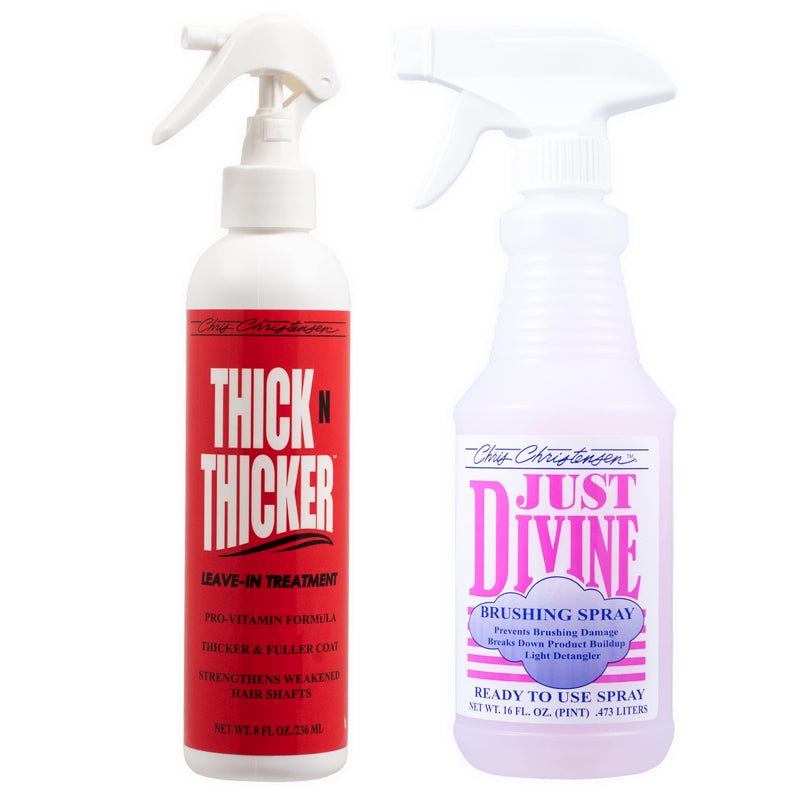Chris Christensen Grooming Bundle, Thick N Thicker Leave-in Treatment Spray 8 oz + Just Divine Brushing Spray 16 oz, Groom Like a Professional, Made in USA
