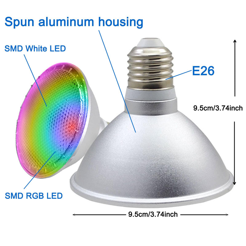 2 Pack,PAR30S RGBWCT LED Bulbs,RGB+Warm+Cool White(2700K-6500K)+Timing, LED Flood Light,Indoor/Outdoor,IR Remote Control, Waterproof Lawn Lamp for Home Courtyard Christmas Party Decoration