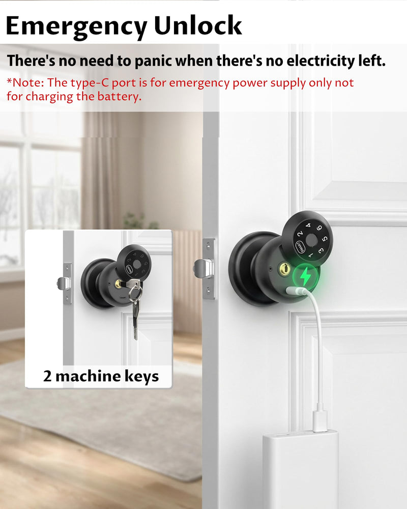 Smart Door Knob Fingerprint Door Lock with Keypad, Biometric Door Knob with APP, Keyless Entry Door Lock with Handle for Home Office Apartment Hotel Garage (Black)