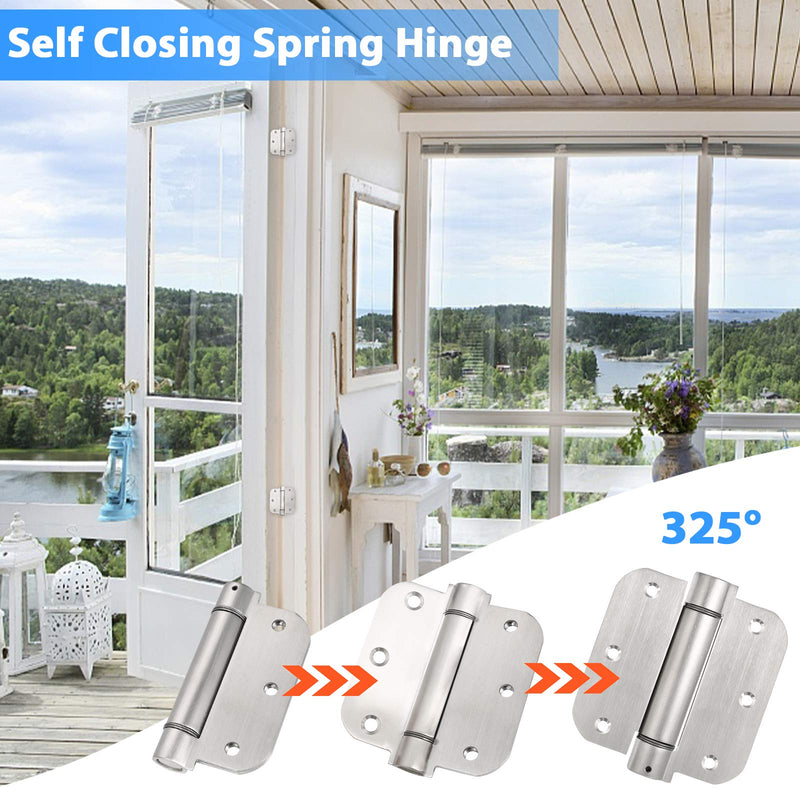 3.5'' Self-Closing Door Hinges 3.5 Inch x 3.5 Inch Spring Hinges Stainless Steel Adjustable Door Hinges Auto Closing with 5/8" Radius Corners (3.5'' 3pack, Silver) 3.5'' 3 Pack